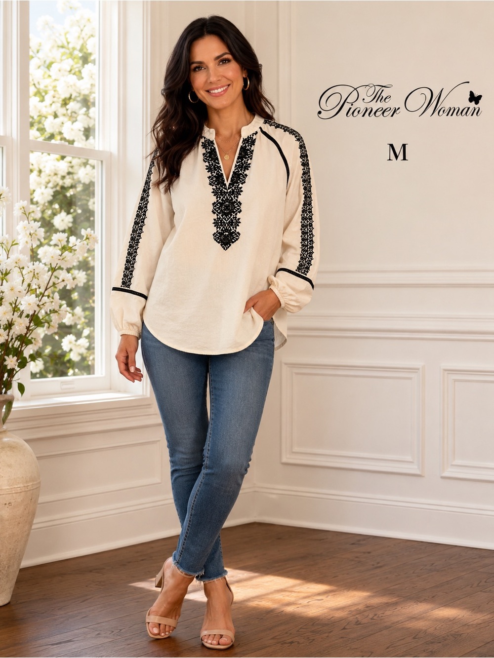 The Pioneer Woman Embroidered Boho Tunic Peasant Blouse Size M